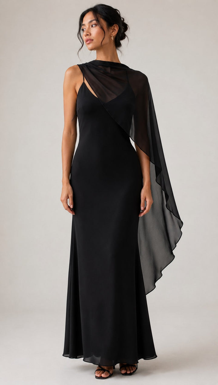 Bryce Draped Cape Chiffon Maxi Dress