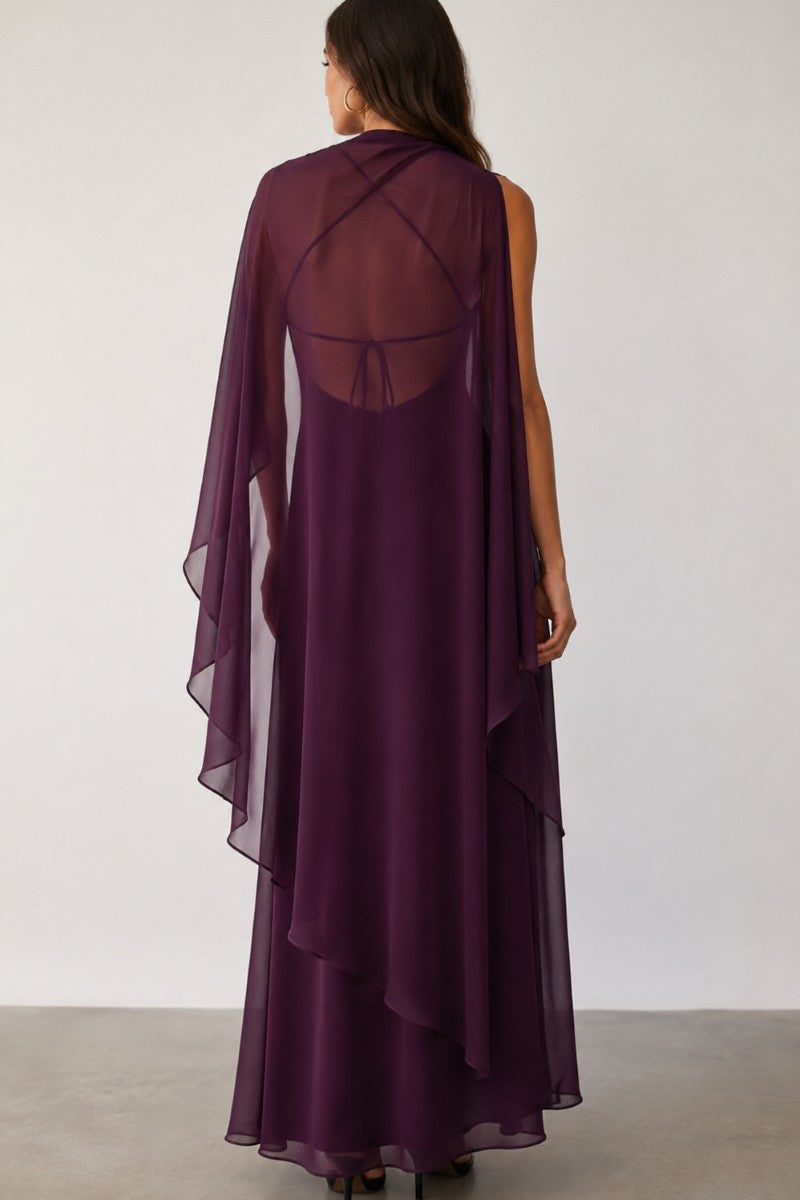 Bryce Draped Cape Chiffon Maxi Dress