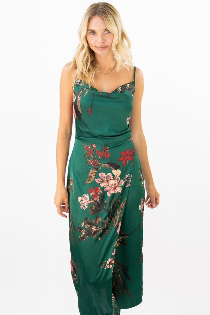 Garden Romance Floral Cowl Neck Midi Dress