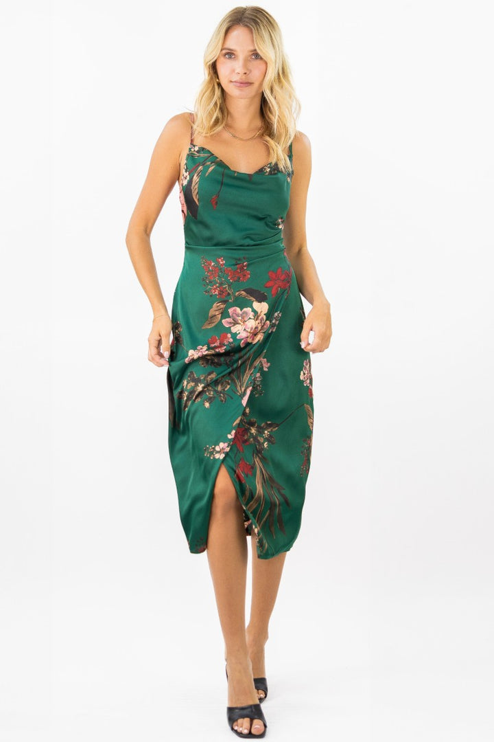 Garden Romance Floral Cowl Neck Midi Dress